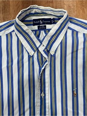 Ralph Lauren Mens Large Blaire Shirt Button Down Short Sleeve Blue White Striped